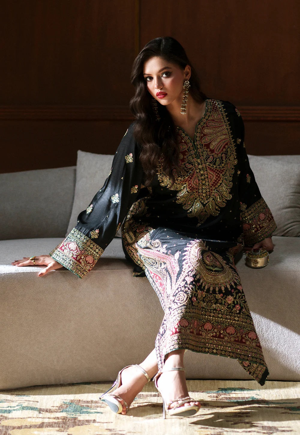 03 Piece Heavy Embroidered Kaftan Silk Suit - Ready To Wear