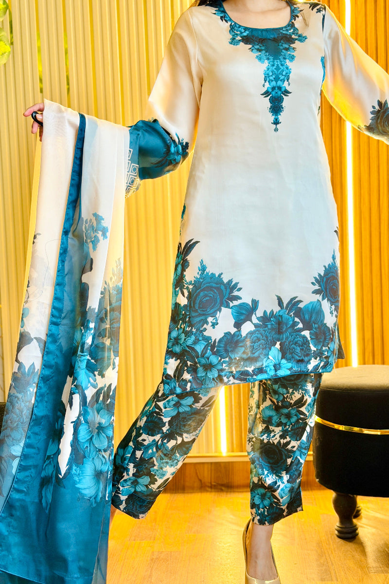03 Piece Digital Print Silk  Suit - Ready To Wear