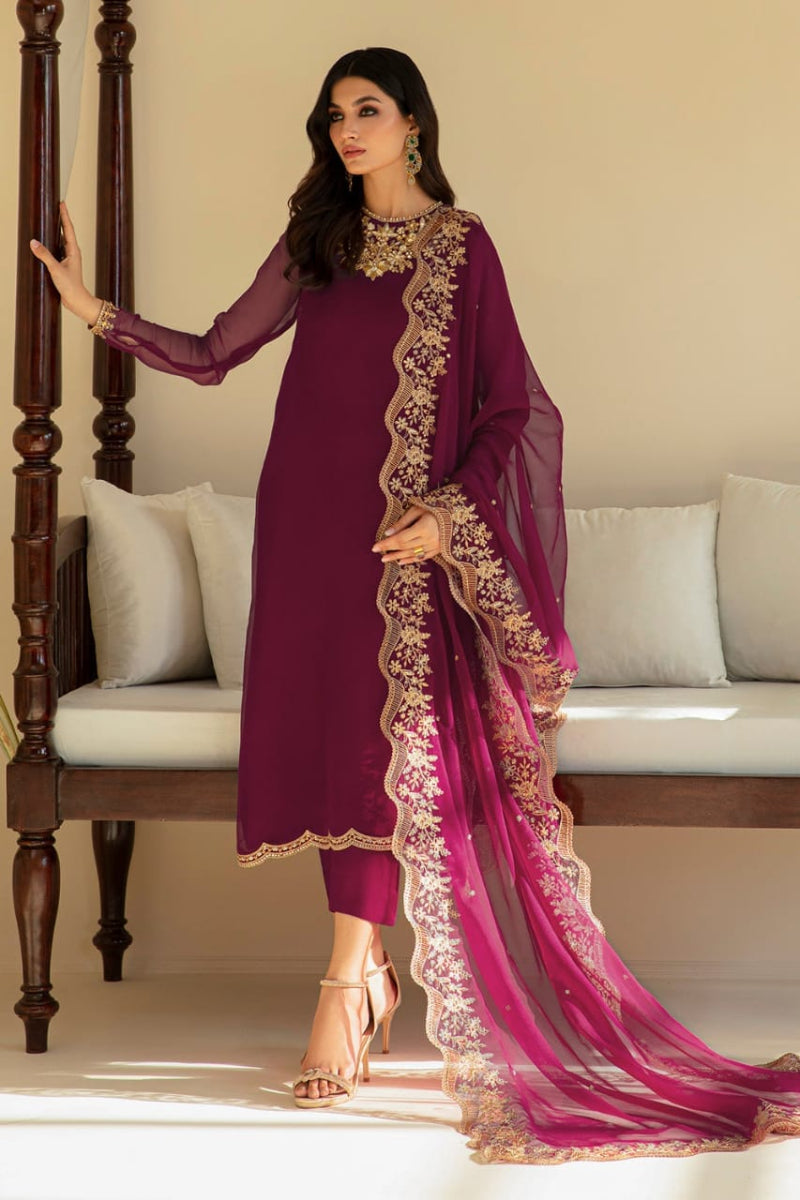 03 Piece  Luxury Embroidered Chiffon  Suit - Ready  to Wear