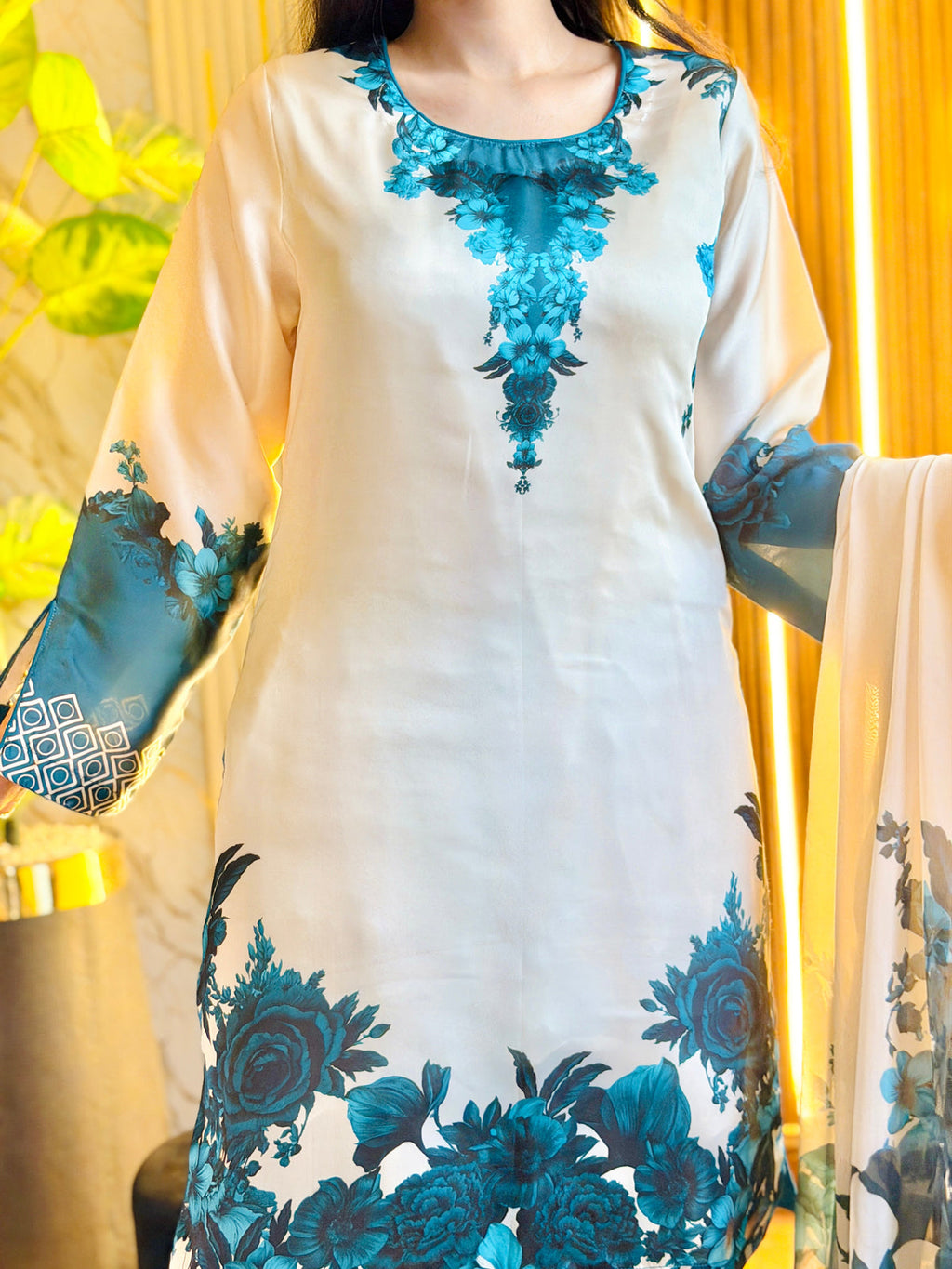 03 Piece Digital Print Silk  Suit - Ready To Wear