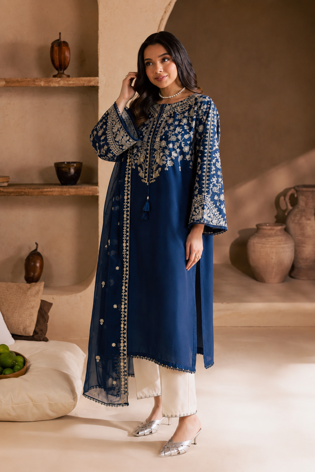 03-Piece Embroidered Cotton Suit - Ready To Wear