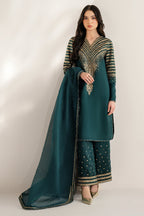 03-Piece Fancy Embroidered Raw Silk Suit - Ready  To Wear