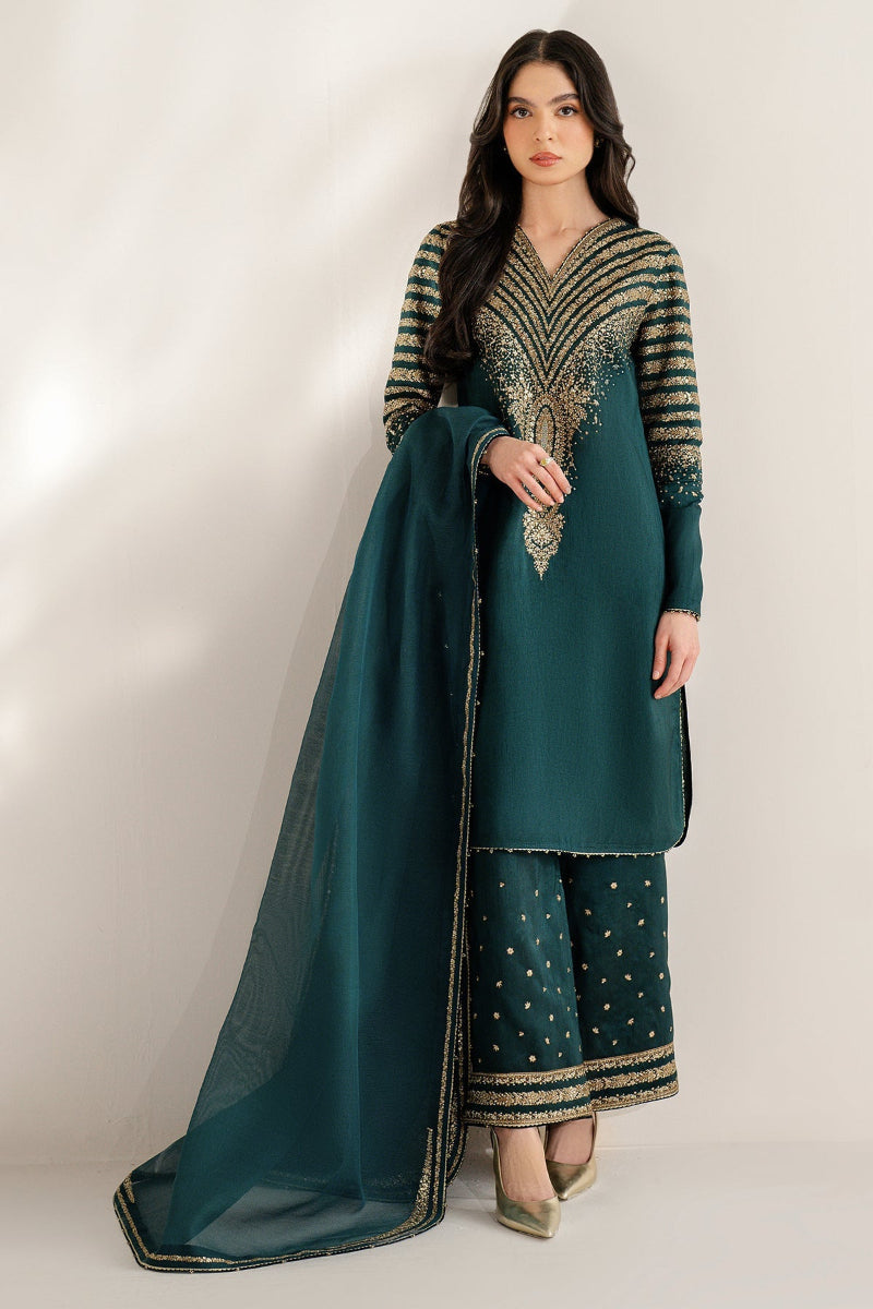 03-Piece Fancy Embroidered Raw Silk Suit - Ready  To Wear