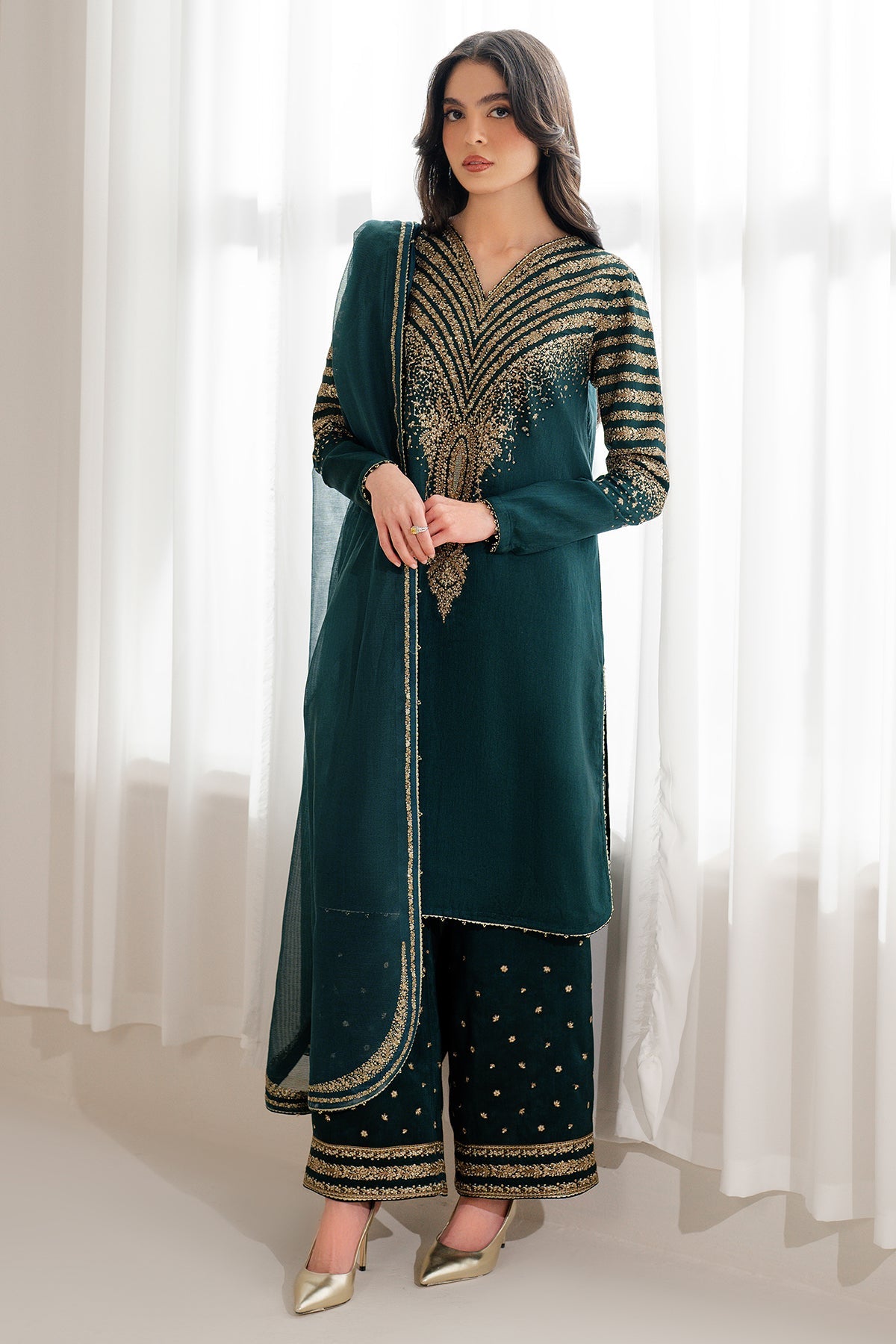 03-Piece Fancy Embroidered Raw Silk Suit - Ready  To Wear