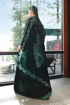 03-Piece Bottle Green Velvet Embroidered Suit - Ready To Wear