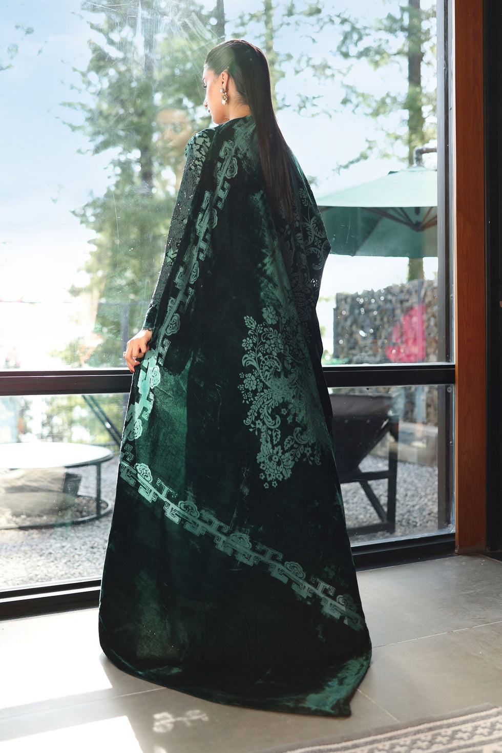 03-Piece Bottle Green Velvet Embroidered Suit - Ready To Wear