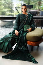 03-Piece Bottle Green Velvet Embroidered Suit - Ready To Wear