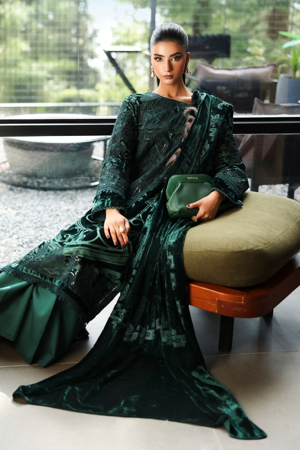 03-Piece Bottle Green Velvet Embroidered Suit - Ready To Wear
