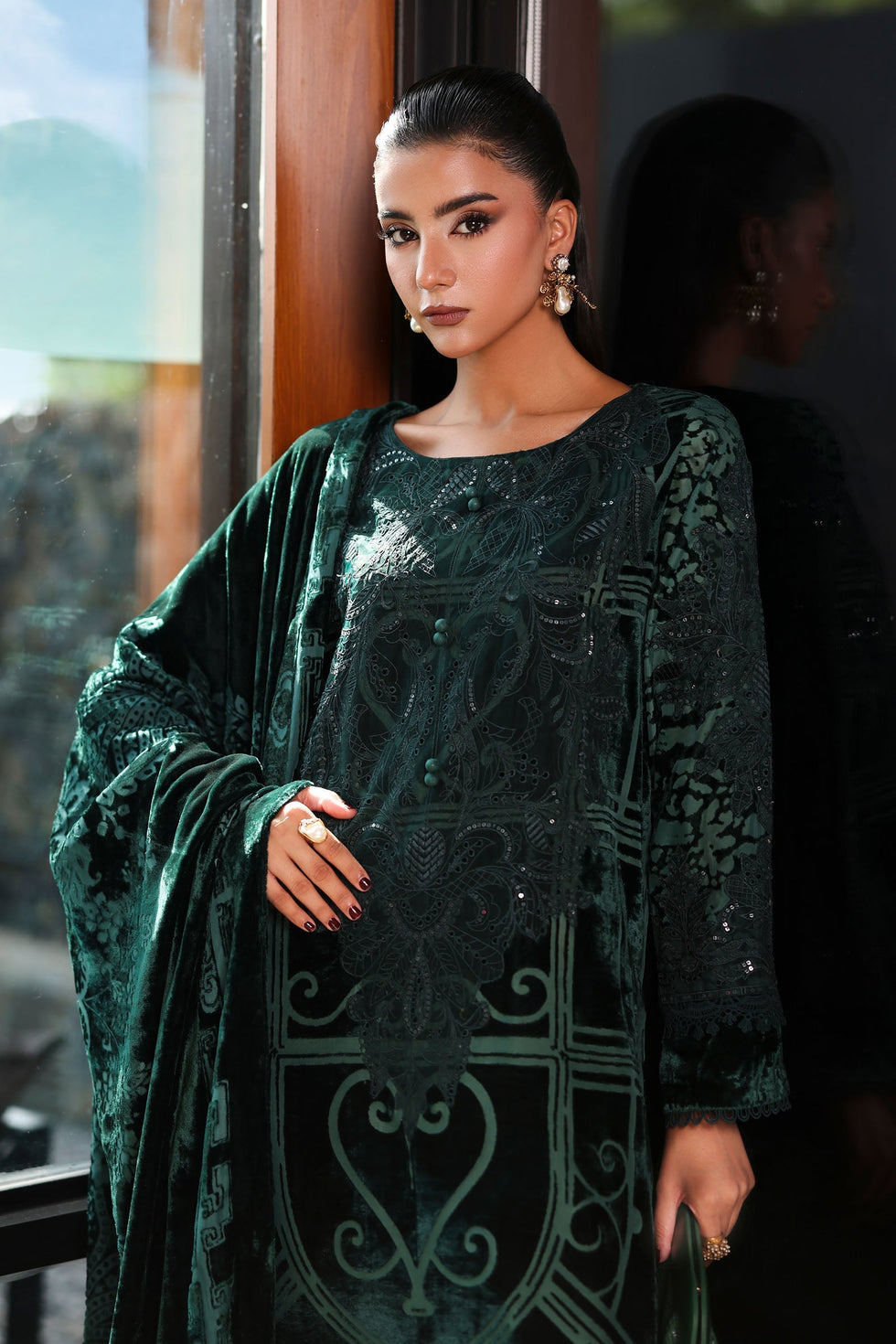 03-Piece Bottle Green Velvet Embroidered Suit - Ready To Wear