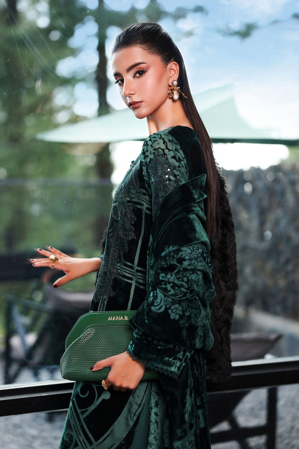 03-Piece Bottle Green Velvet Embroidered Suit - Ready To Wear