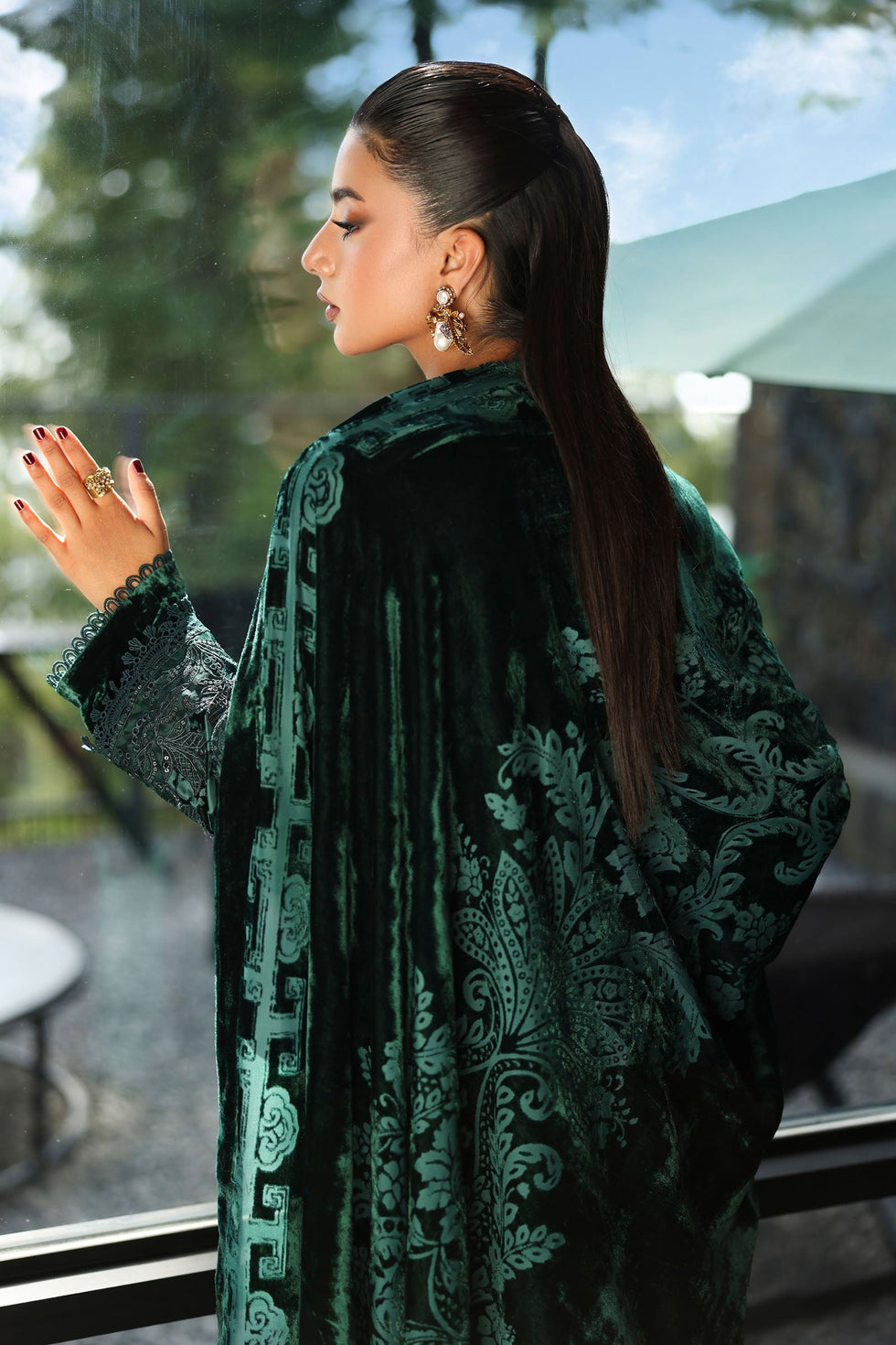 03-Piece Bottle Green Velvet Embroidered Suit - Ready To Wear
