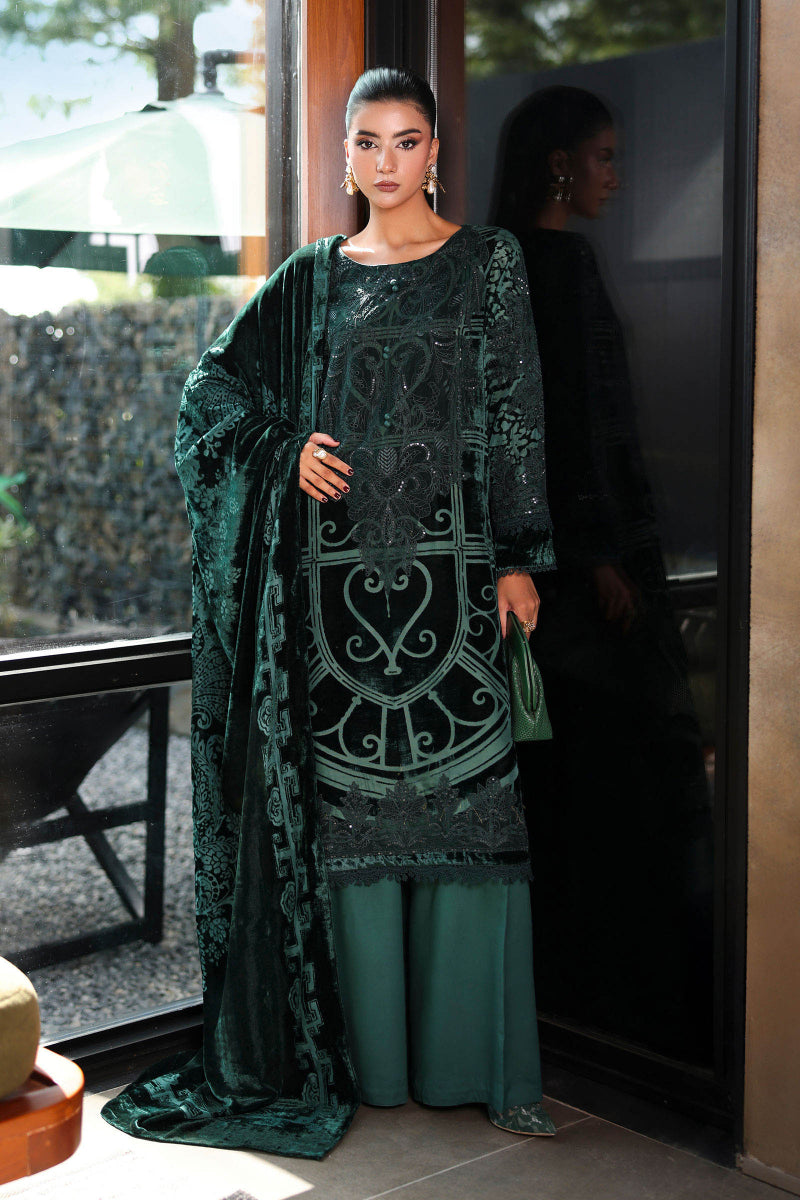 03-Piece Bottle Green Velvet Embroidered Suit - Ready To Wear