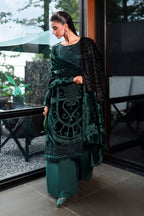 03-Piece Bottle Green Velvet Embroidered Suit - Ready To Wear