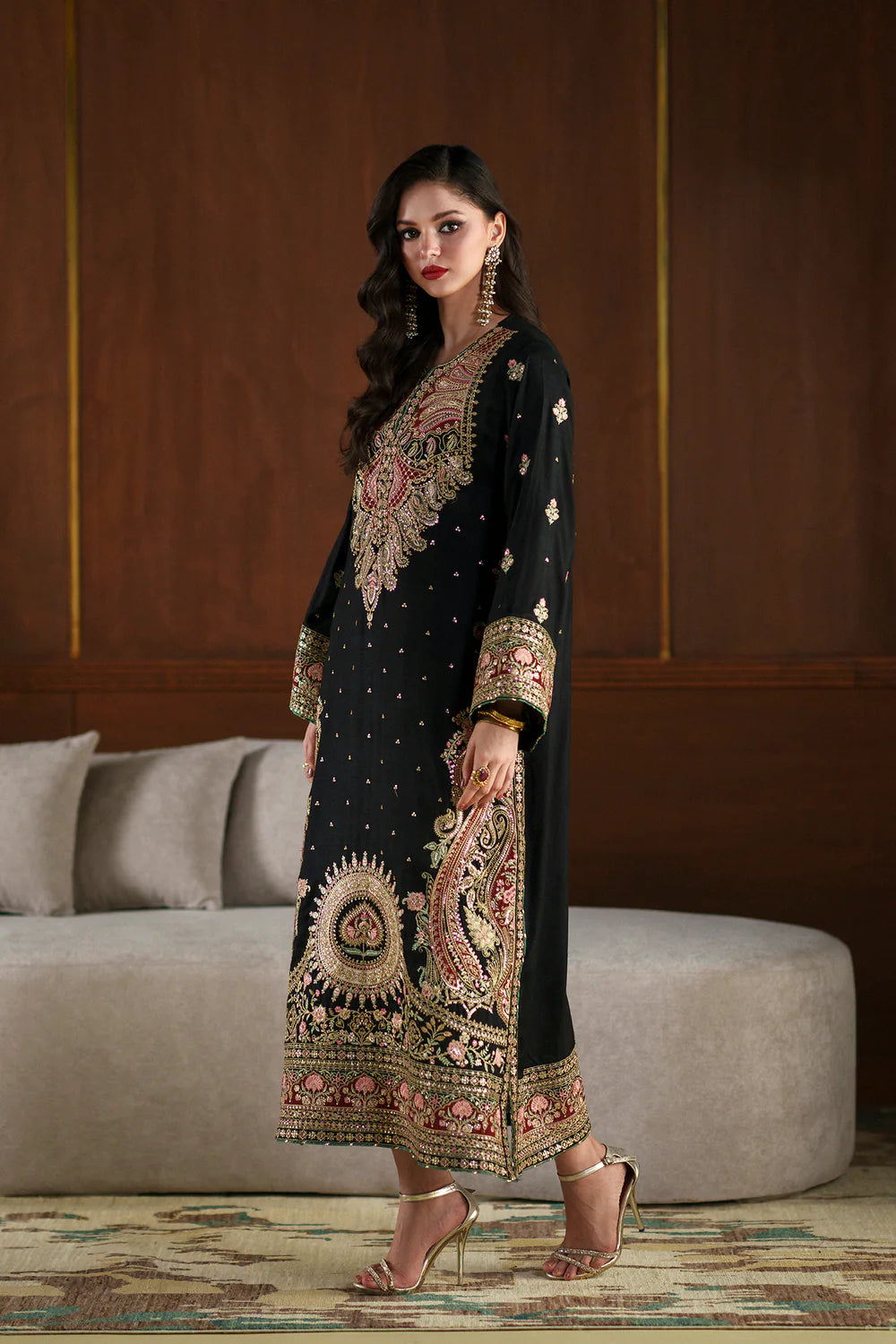 03 Piece Heavy Embroidered Kaftan Silk Suit - Ready To Wear