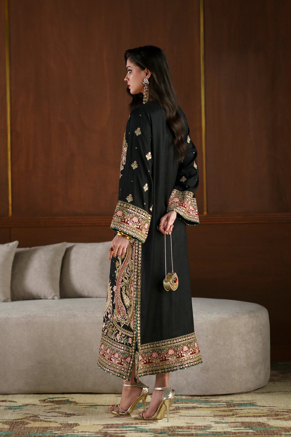 03 Piece Heavy Embroidered Kaftan Silk Suit - Ready To Wear