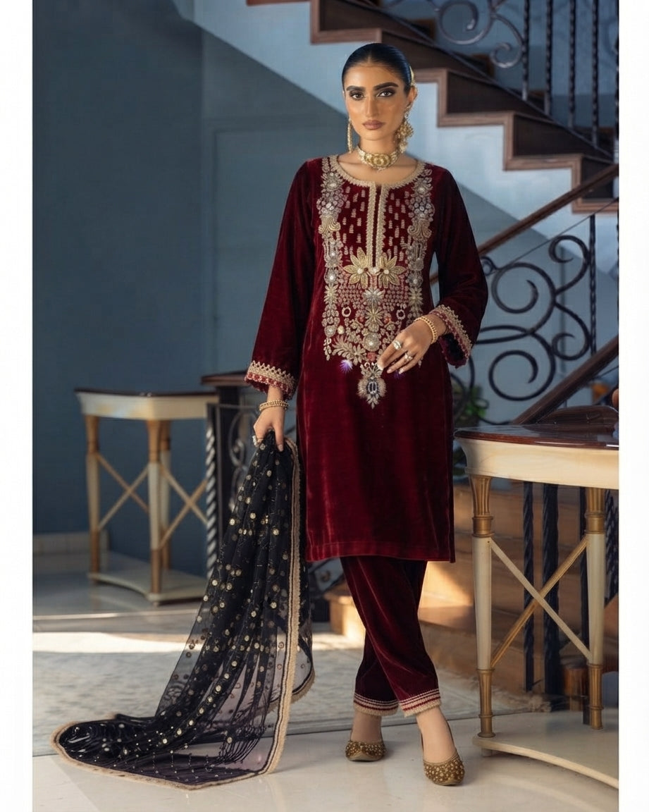 03-Piece Embroidered Velvet Suit - Ready To Wear
