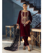 03-Piece Embroidered Velvet Suit - Ready To Wear