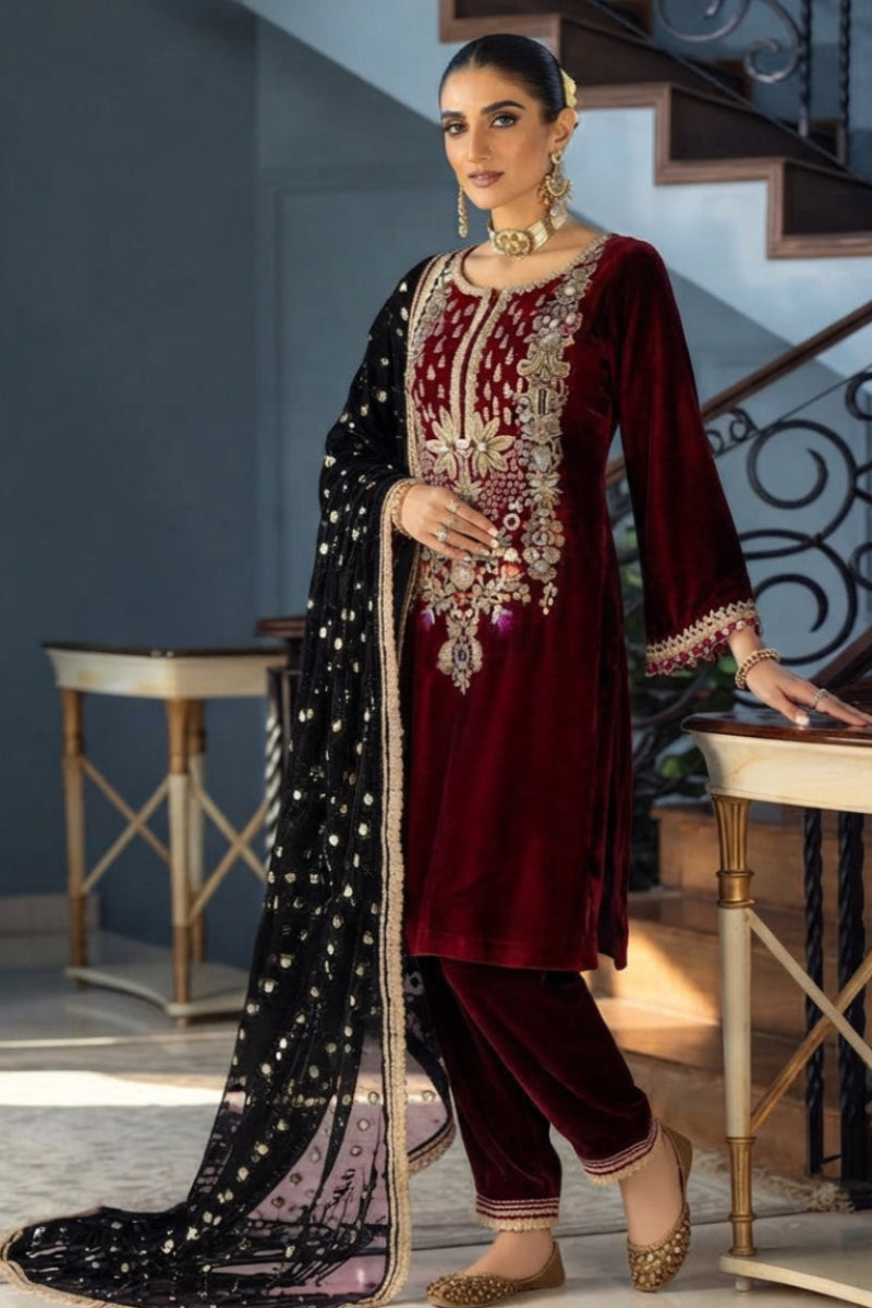 03-Piece Embroidered Velvet Suit - Ready To Wear