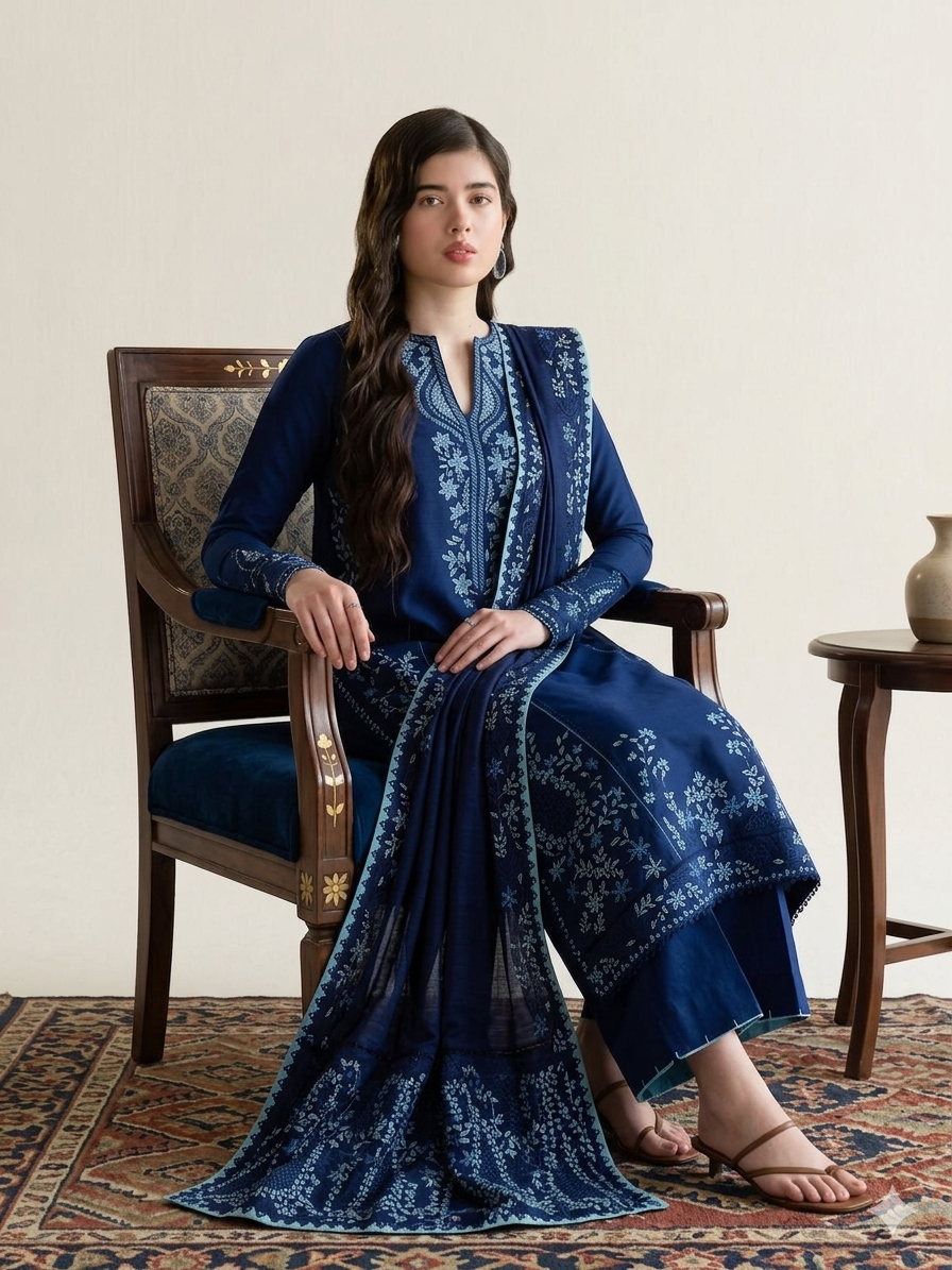 03 Piece Embroidered Egyptian Lawn Suit - Ready To Wear