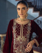03-Piece Embroidered Velvet Suit - Ready To Wear