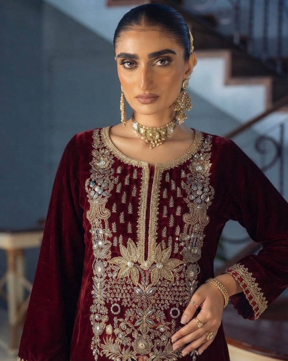 03-Piece Embroidered Velvet Suit - Ready To Wear