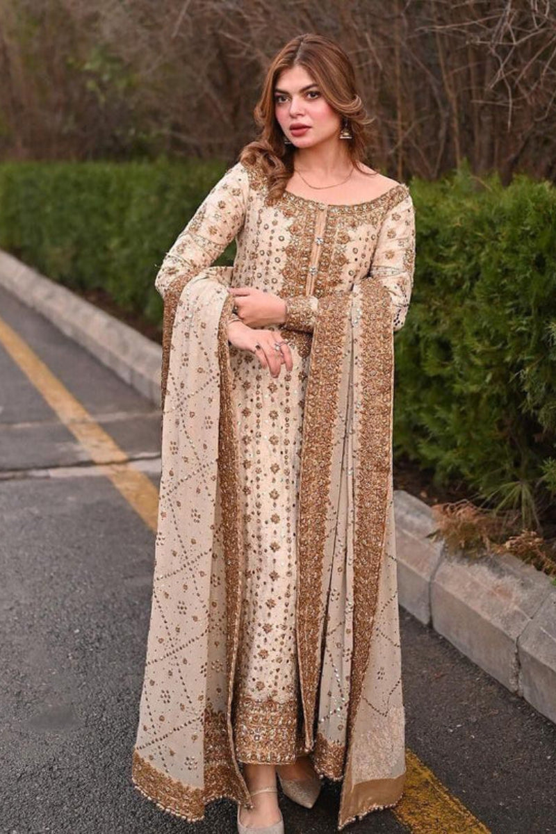 03 Piece Luxury  Hand Embellished  Chiffon Suit  - Ready  To Wear
