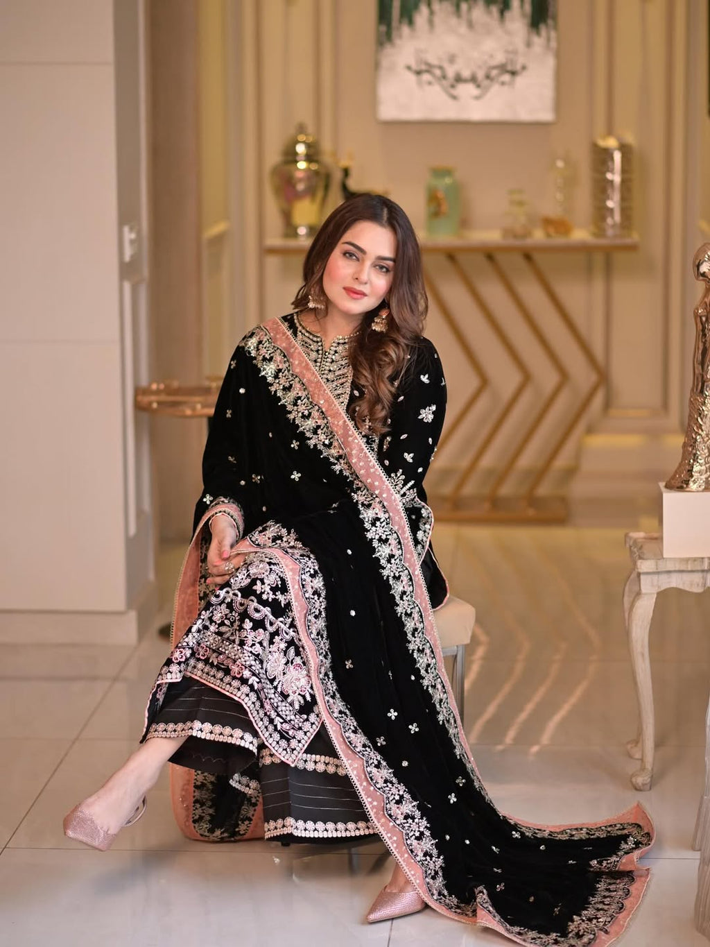 3  Piece Stitched Velvet Suit  - Ready to Wear