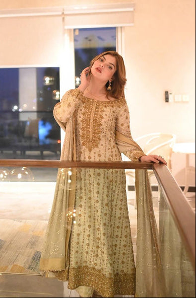 03 Piece Luxury  Hand Embellished  Chiffon Suit  - Ready  To Wear