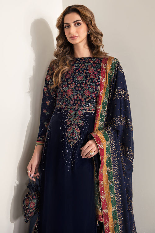 03 Piece Embroidered Velvet Suit - Ready To Wear
