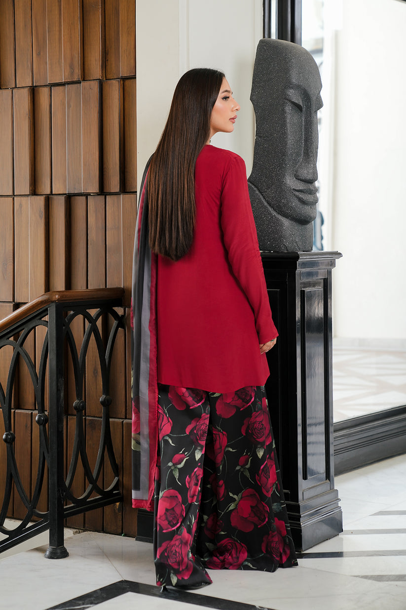Lulusar New Arrival – Pure Raw Silk Embroidered Shirt with Digital Printed Trouser & Soft Silk Dupatta