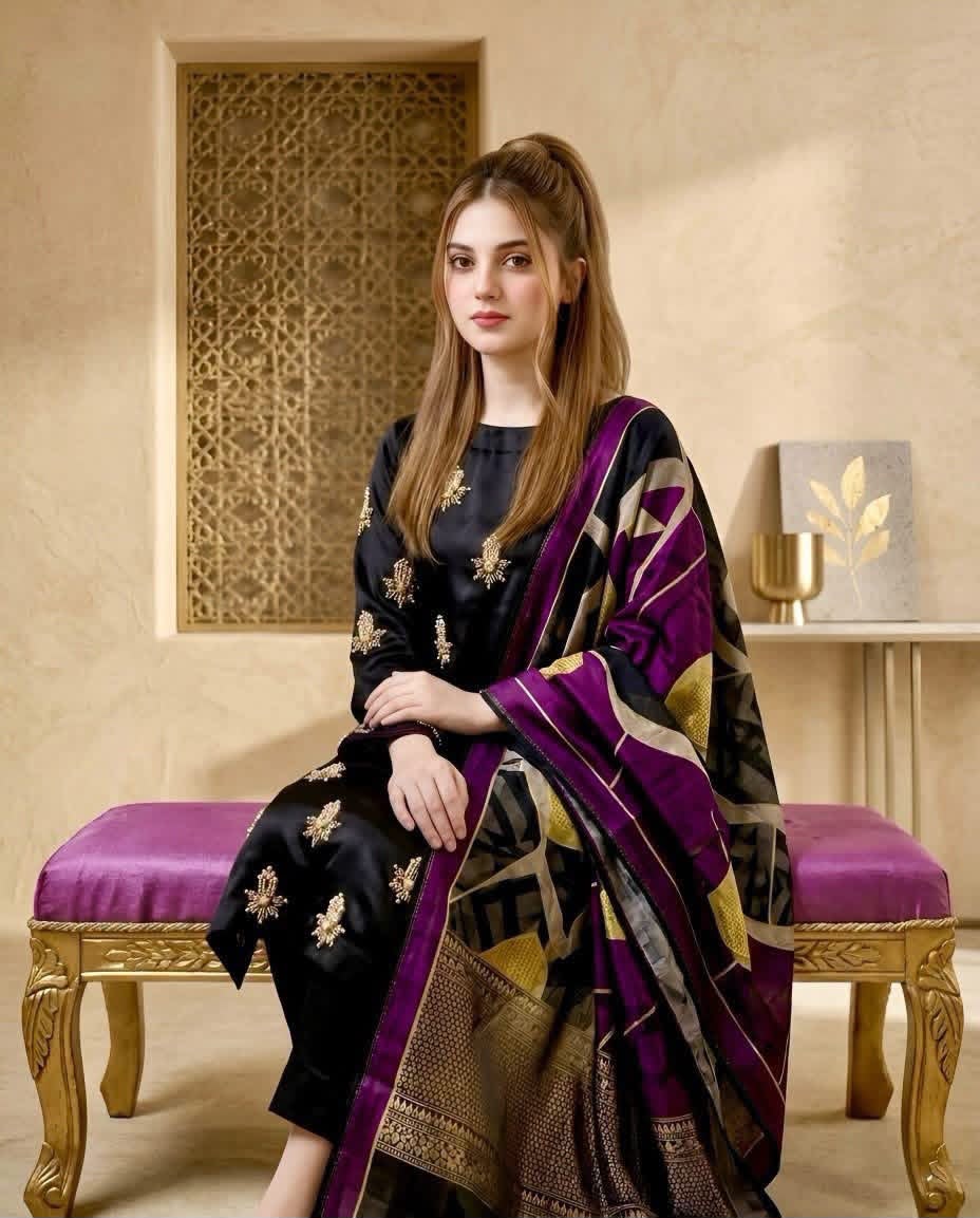03 Piece Handwork  Shamoze Silk Suit - Ready To Wear