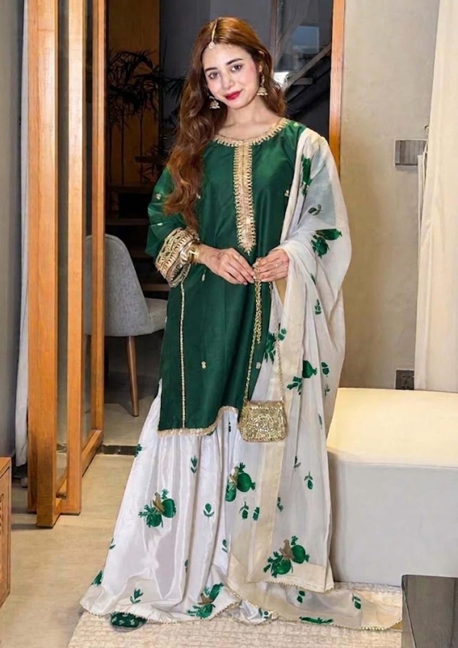 03-Piece Embroidered Shamoz Silk Suit - Ready To Wear