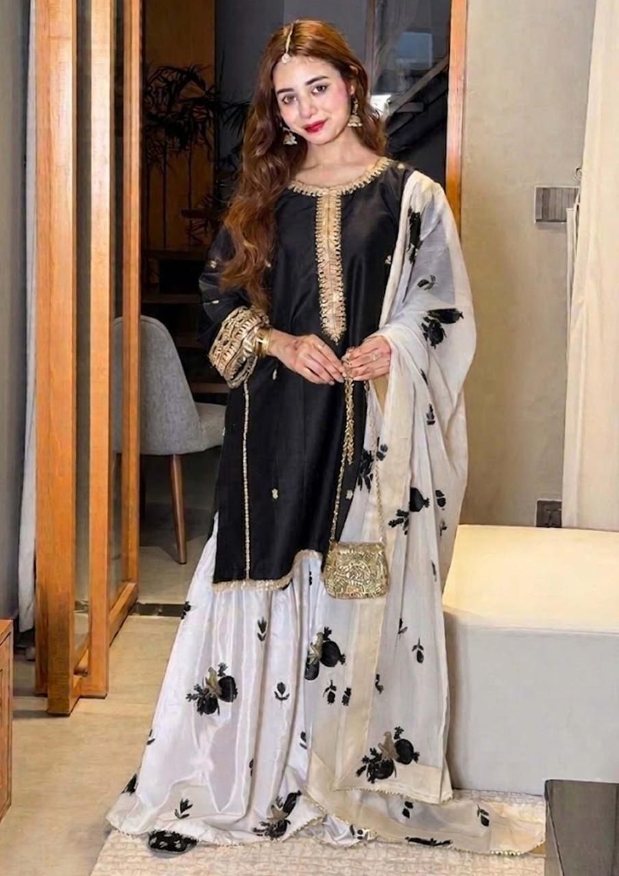 03-Piece Embroidered Shamoz Silk Suit - Ready To Wear