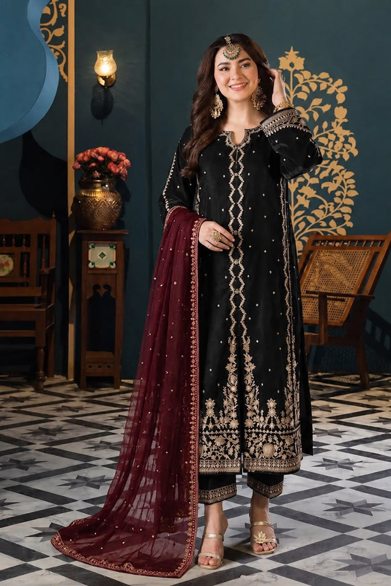 03 Piece  Luxury  Embroidered Chiffon Suit - Ready  To Wear