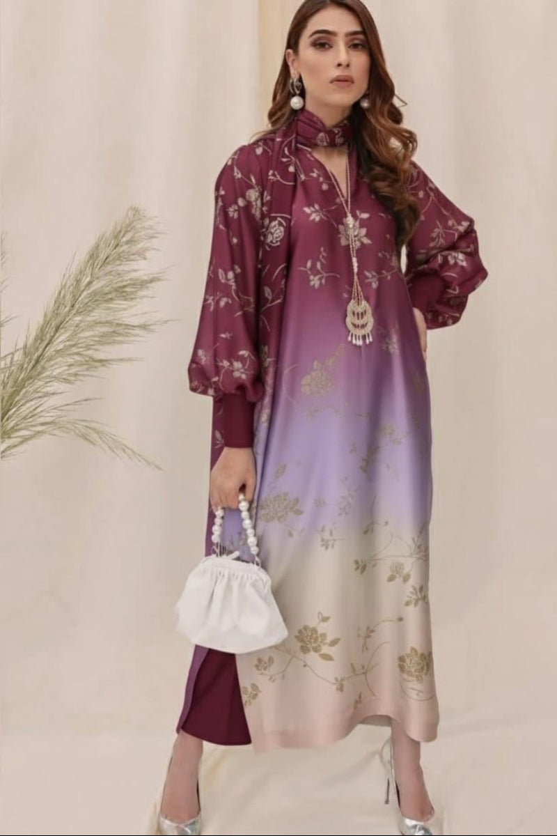 03-Piece Printed Shamoz Silk Suit - Ready To Wear