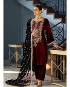 03-Piece Embroidered Velvet Suit - Ready To Wear