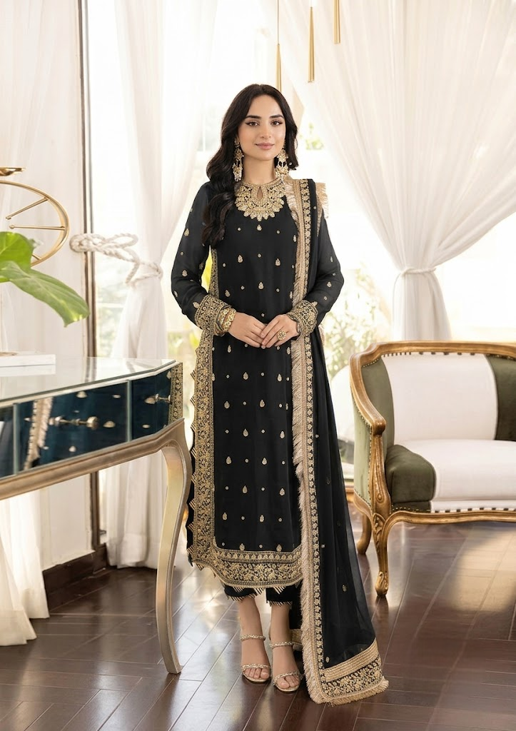 03-Piece Embroidered Chiffon Suit - Ready  To Wear