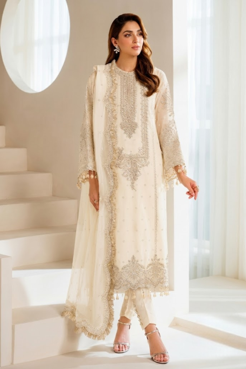 03 Piece Embroidered Organza Suit - Ready To Wear