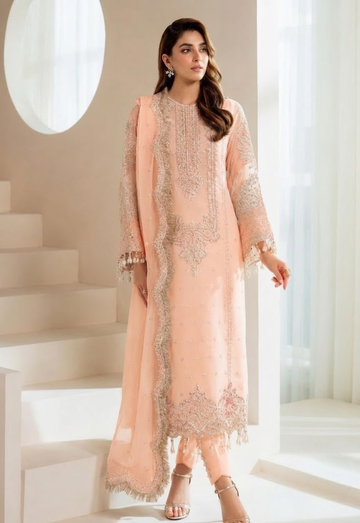 03 Piece Embroidered Organza Suit - Ready To Wear